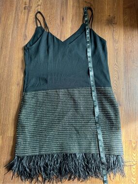 Greylin Black and Gold Mini Dress with Fringe Hem